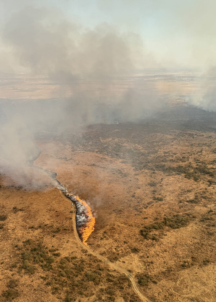 A controlled burn line running through cured grassland on the training ground, seen from the air